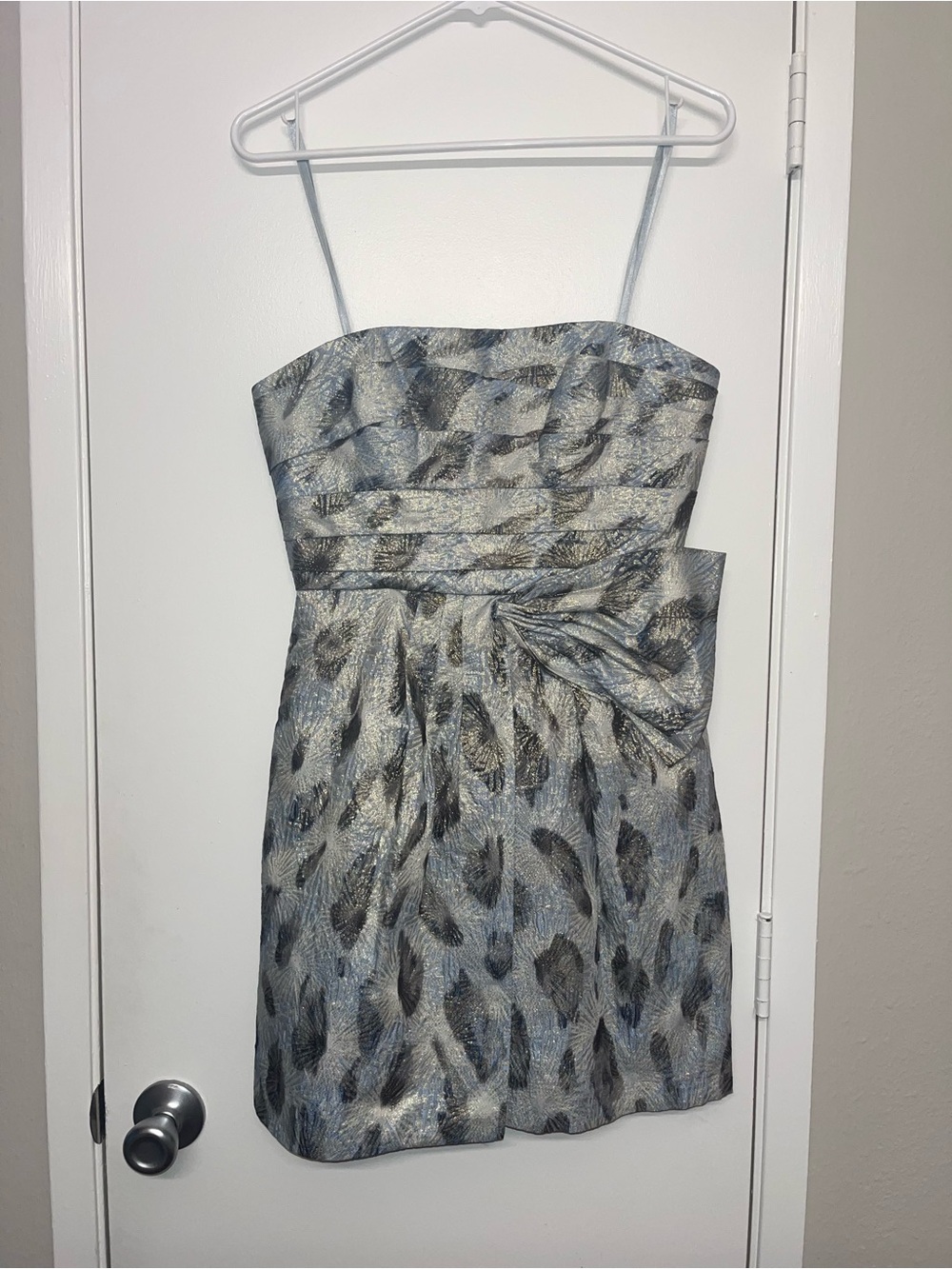 BCBG Max Azria Strapless Feather Print Dress in Silver Blue